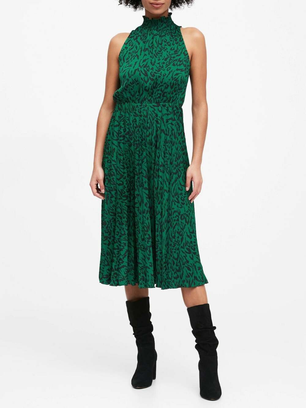 Banana Republic Satin Pleated Midi Dress, Green Print SIZE MP M P #569695 W0224H